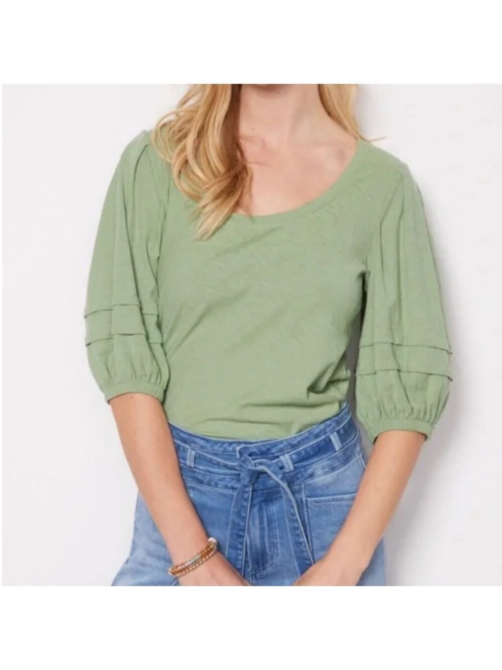 Nation LTD Nigella Puff Sleeve T Shirt Scoop Neck SZ S Green